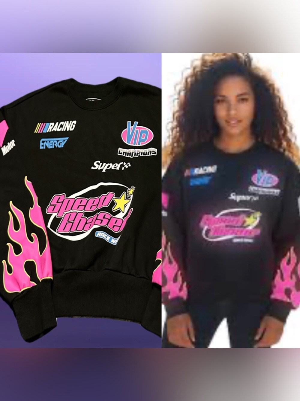 Cotton Classic Women’s Black Graphic Crewneck Sweater with Pink Racing Logo L